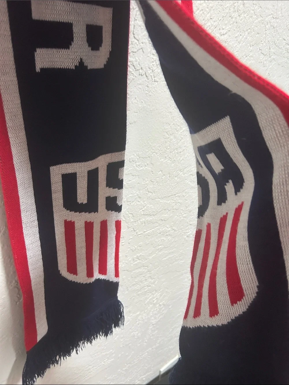 Men's Red and Navy Knit Scarf with White Accents